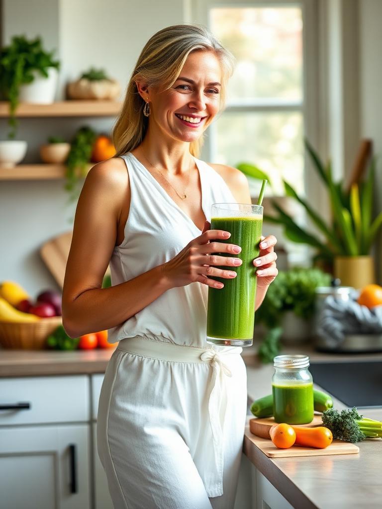 Mulher saudável com smoothie verde e alimentos frescos